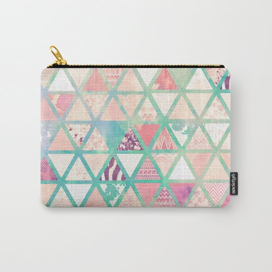 Pink Turquoise Abstract Floral Triangles Patchwork Carry-All Pouch