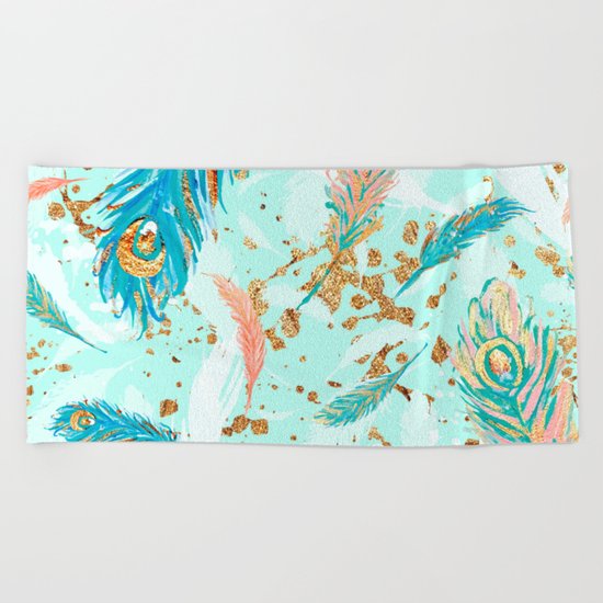 Feather peacock peach mint #1 Beach Towel
