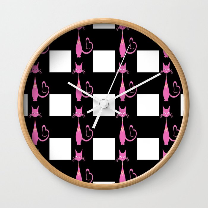 Pink Cat And Black Buffalo Plaid,Valentine Black Plaid Pattern, Pink Cat Pattern, Wall Clock
