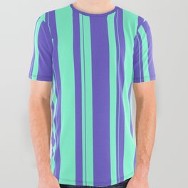 [ Thumbnail: Aquamarine & Slate Blue Colored Lines Pattern All Over Graphic Tee ]