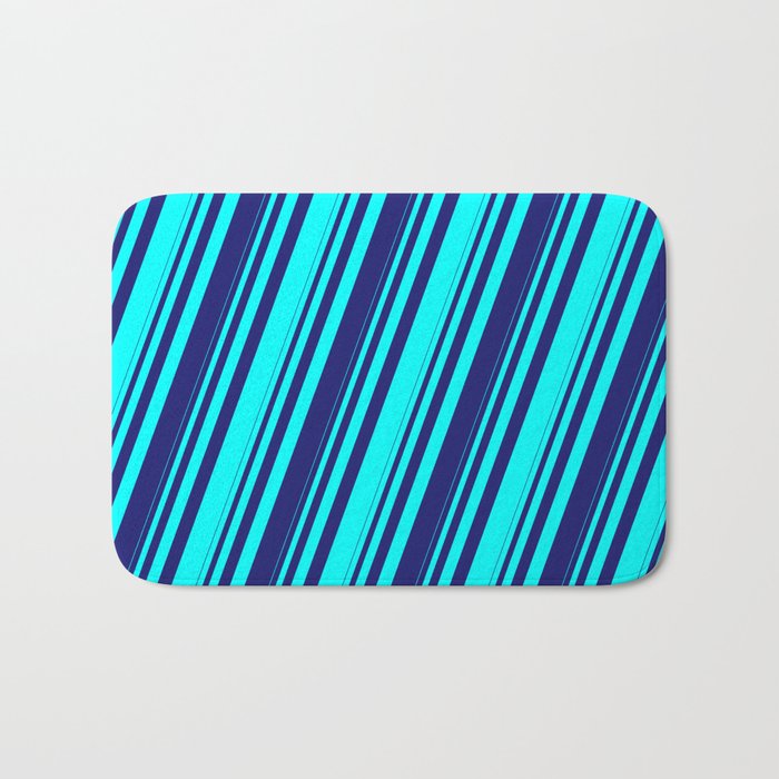 Cyan & Midnight Blue Colored Stripes/Lines Pattern Bath Mat