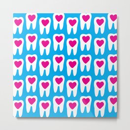 Teeth. Dentist. Tooth pattern on blue background with hearts in the middle Metal Print