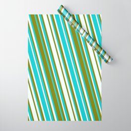 [ Thumbnail: Dark Turquoise, Mint Cream, and Green Colored Striped/Lined Pattern Wrapping Paper ]