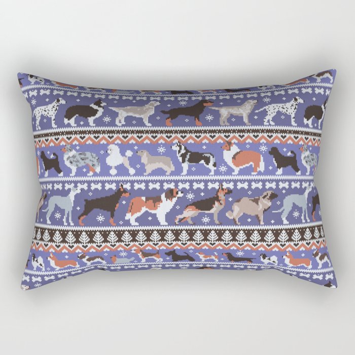 Fluffy and bright fair isle knitting doggie friends // very peri Pantone color of the year 2022 and victoria blue background brown orange white and grey dog breeds  Rectangular Pillow