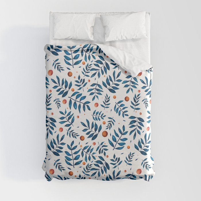 Leaves and Dots pattern in blue and orange Duvet Cover
