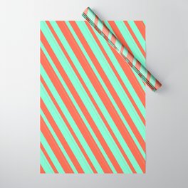 [ Thumbnail: Red & Aquamarine Colored Stripes Pattern Wrapping Paper ]