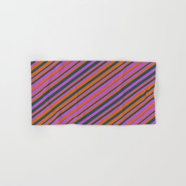 [ Thumbnail: Chocolate, Dark Slate Gray, and Orchid Colored Striped Pattern Hand & Bath Towel ]
