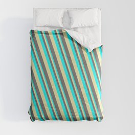 [ Thumbnail: Cyan, Pale Goldenrod & Dim Grey Colored Lines/Stripes Pattern Comforter ]