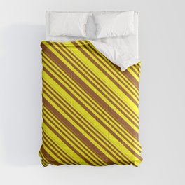 [ Thumbnail: Yellow & Brown Colored Stripes/Lines Pattern Comforter ]