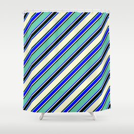 [ Thumbnail: Aquamarine, Blue, Light Yellow & Black Colored Lined Pattern Shower Curtain ]
