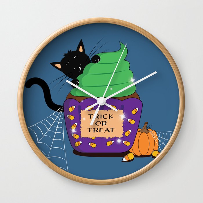 Black Cat with Halloween Cupcake Wall Clock