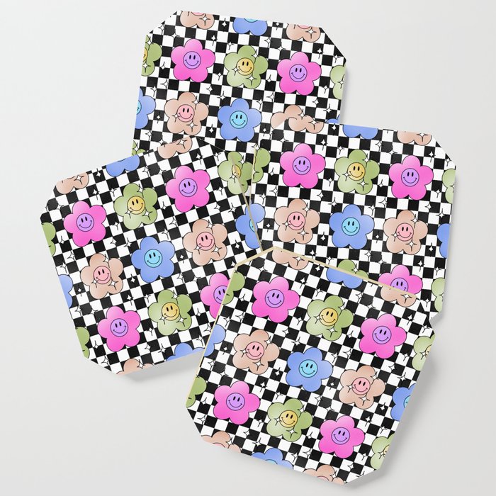 Cute Y2K Flower Smileys Pattern (Black and White BG Version) Coaster