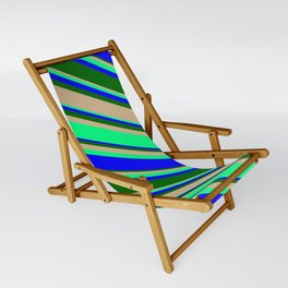 [ Thumbnail: Tan, Green, Blue, and Dark Green Colored Lines/Stripes Pattern Sling Chair ]