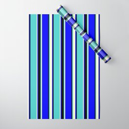 [ Thumbnail: Blue, Light Yellow, Turquoise, and Black Colored Striped/Lined Pattern Wrapping Paper ]
