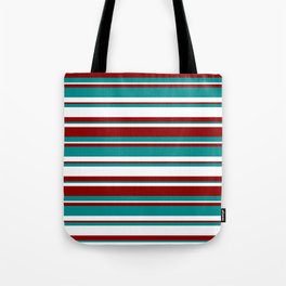 [ Thumbnail: Dark Red, Dark Cyan, and White Colored Striped Pattern Tote Bag ]