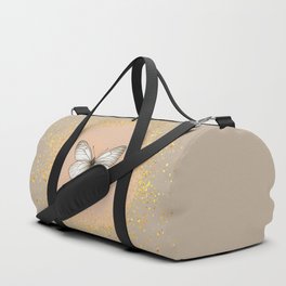 Hand-Drawn Butterfly and Gold Circle Frame on Nude Beige Duffle Bag