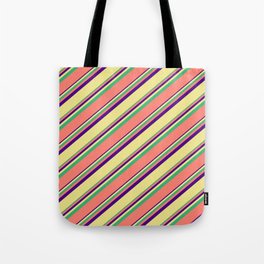 [ Thumbnail: Indigo, Tan, Sea Green, and Salmon Colored Stripes Pattern Tote Bag ]