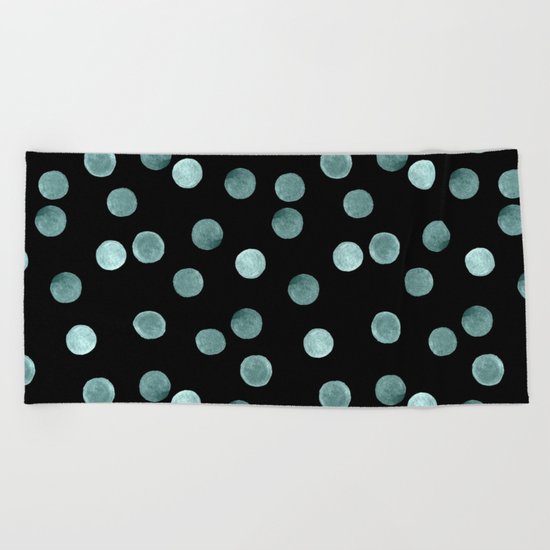 Blue polka dots on a black background . Watercolor pattern . Beach Towel