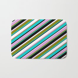 [ Thumbnail: Colorful Plum, Green, Dark Turquoise, Black, and White Colored Lined/Striped Pattern Bath Mat ]