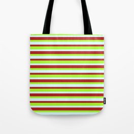 [ Thumbnail: Light Green, Light Cyan, and Red Colored Striped/Lined Pattern Tote Bag ]