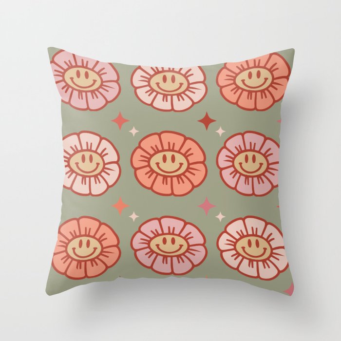 Retro Flower Power 70s Pattern Throw Pillow