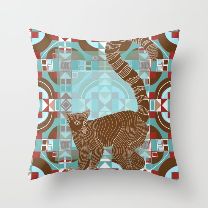 Brown and red lemur block design Throw Pillow