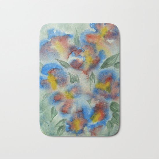 Abstract Flowers Blue Watercolor Bath Mat