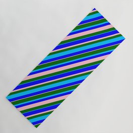 [ Thumbnail: Dark Green, Deep Sky Blue, Blue & Pink Colored Stripes/Lines Pattern Yoga Mat ]