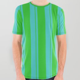[ Thumbnail: Turquoise and Lime Green Colored Pattern of Stripes All Over Graphic Tee ]