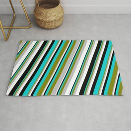 [ Thumbnail: Eye-catching Green, Grey, White, Black & Dark Turquoise Colored Pattern of Stripes Rug ]