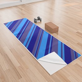 [ Thumbnail: Dark Slate Blue, Dark Blue & Blue Colored Stripes Pattern Yoga Towel ]