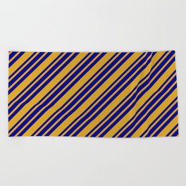 [ Thumbnail: Goldenrod and Dark Blue Colored Lined Pattern Beach Towel ]