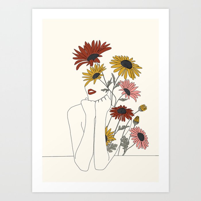 Colorful Thoughts Minimal Line Girl with Sunflowers Art Print