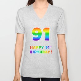 [ Thumbnail: HAPPY 91ST BIRTHDAY - Multicolored Rainbow Spectrum Gradient V Neck T Shirt V-Neck T-Shirt ]