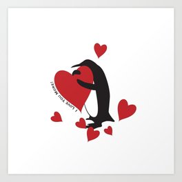 I Love You More! - Penguin and Red Hearts Art Print | Cartoon, Illustration, Valentinesday, Graphicdesign, Cute, Funny, Penguin, Iloveyou, Valentine, Love 