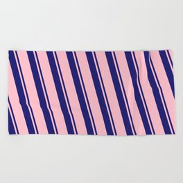 [ Thumbnail: Midnight Blue and Pink Colored Lined/Striped Pattern Beach Towel ]