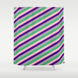 [ Thumbnail: Indigo, Dark Grey, Sea Green & Pink Colored Striped Pattern Shower Curtain ]