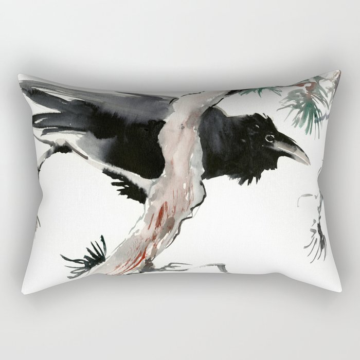 Raven, Japanese Ink Art, Traditional Asian Watercolor Rectangular Pillow