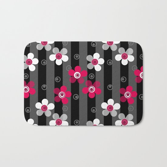 Crimson and white flowers on a black striped background Bath Mat