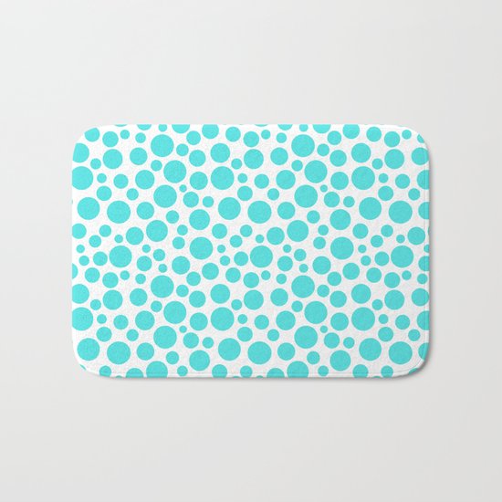 Turquoise polka dots on a white background . Bath Mat