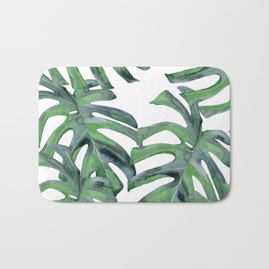 Tropical Palm Leaves Green on White Bath Mat