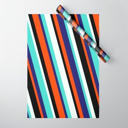 [ Thumbnail: Vibrant Mint Cream, Turquoise, Midnight Blue, Red & Black Colored Lines/Stripes Pattern Wrapping Paper ]