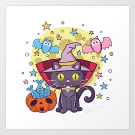 Cute Baby Vampire Cat Witch With Moon Art Print | Graphicdesign, Orange, Black, Kitty, Teenager, Witch, Salem, Halloween, Sabrina, Cat 