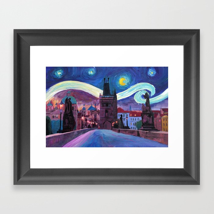 Starry Night in Prague - Van Gogh Inspirations on Charles Bridge Framed Art Print