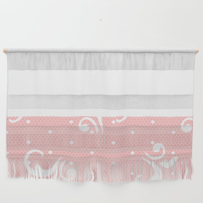 White Floral Curls Lace Horizontal Split on Pink Wall Hanging