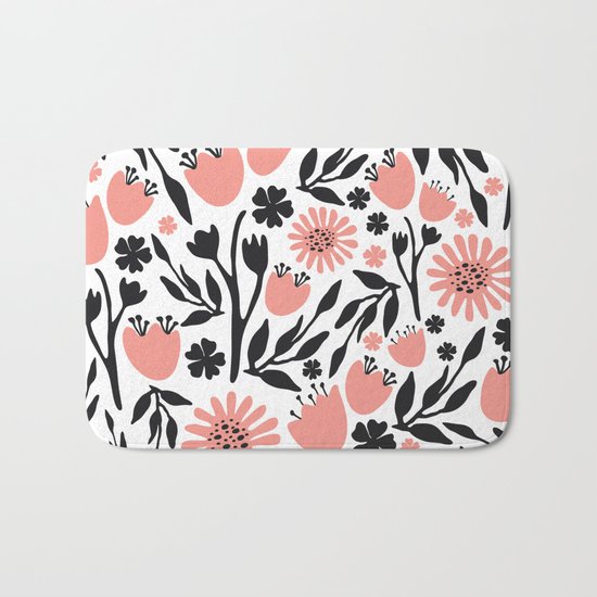 Floral Pattern Dark Gray and Light Coral Bath Mat