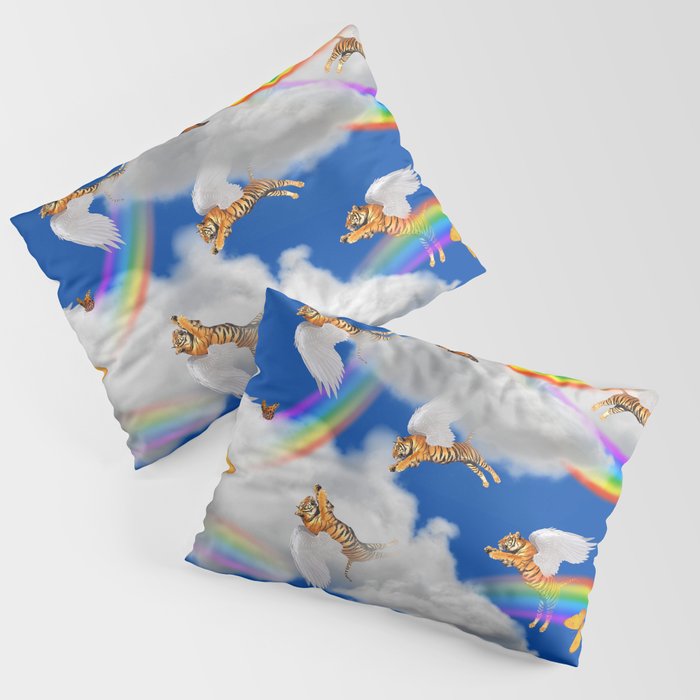 flying tiger in the clouds with rainbows Pillow Sham