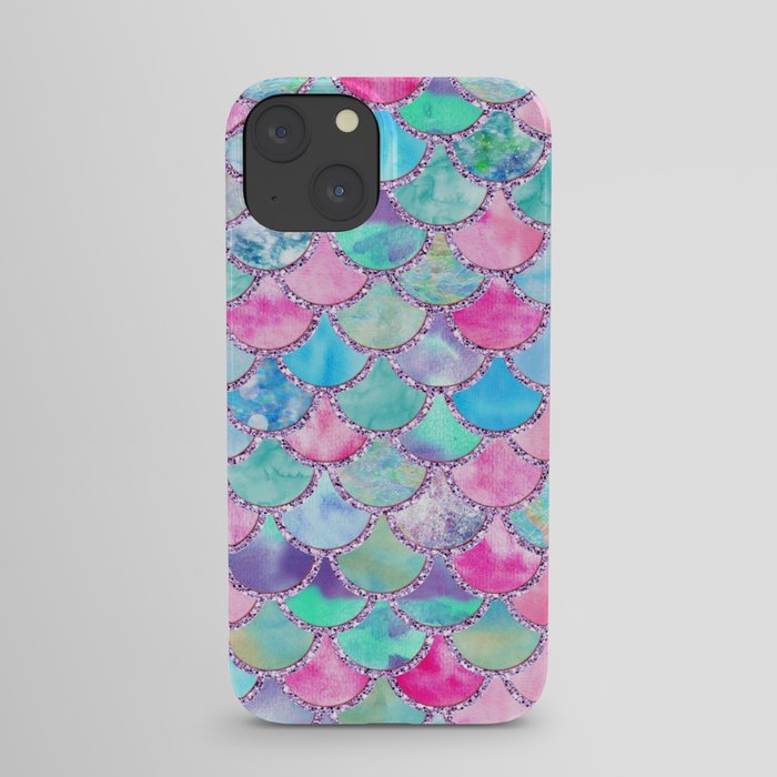 Colorful Pink and Blue Watercolor Trendy Glitter Mermaid Scales  iPhone Case