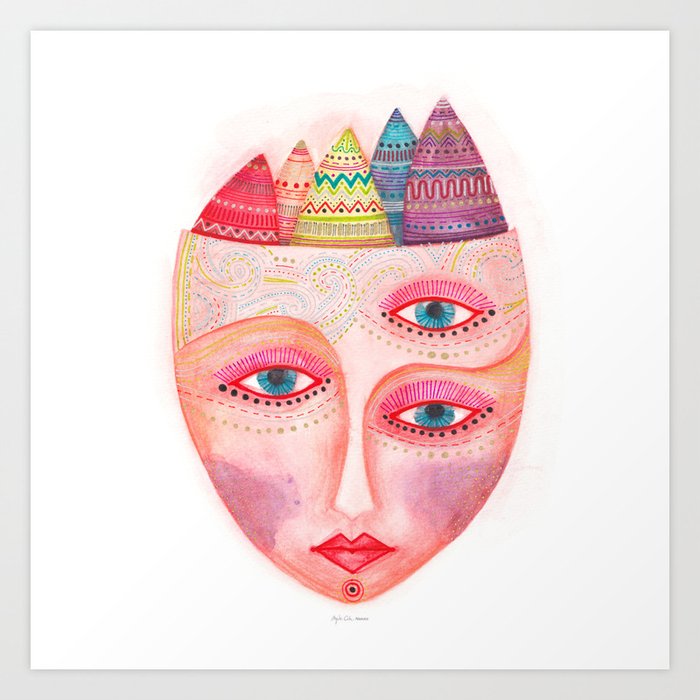 girl with the most beautiful eyes mask portrait Art Print | Painting, Watercolor, Ink, Acrylic, Illustration, Surrealism, Pop-art, Mask, Face, Creature