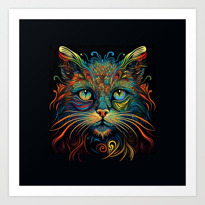 Psychedelic Maine Coon Cat in Scarlet Art Print